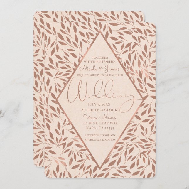 Pink Rustic Leaves Botanical Glam Wedding Invitation (Front/Back)