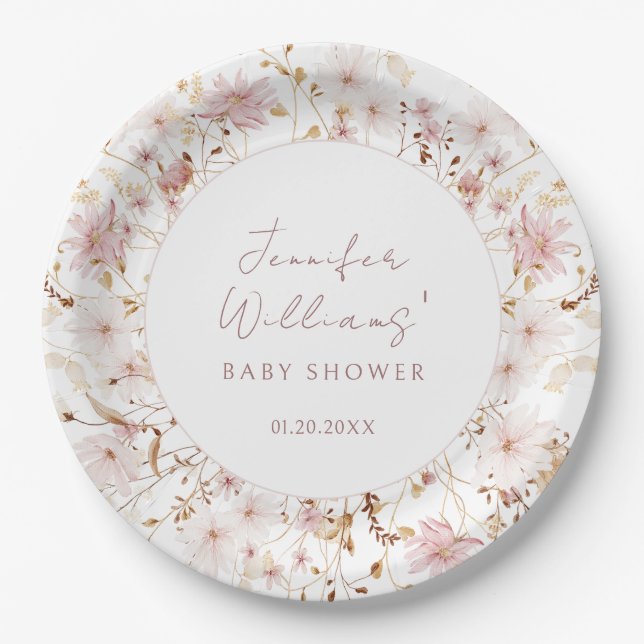 Pink rustic little wildflower baby girl shower paper plate (Front)