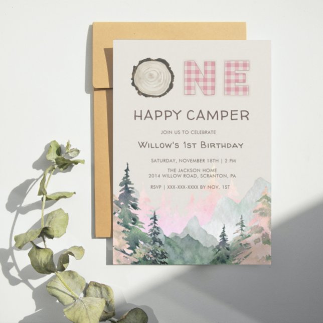 Pink Rustic One Happy Camper Birthday Invitation (Creator Uploaded)