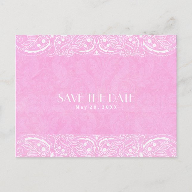 Pink Rustic Paisley Country Western Save The Date Announcement Postcard (Front)