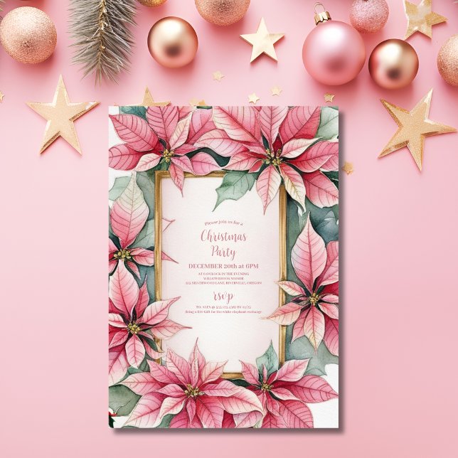 Pink Rustic Pine Poinsettia Floral Christmas Invitation (Creator Uploaded)