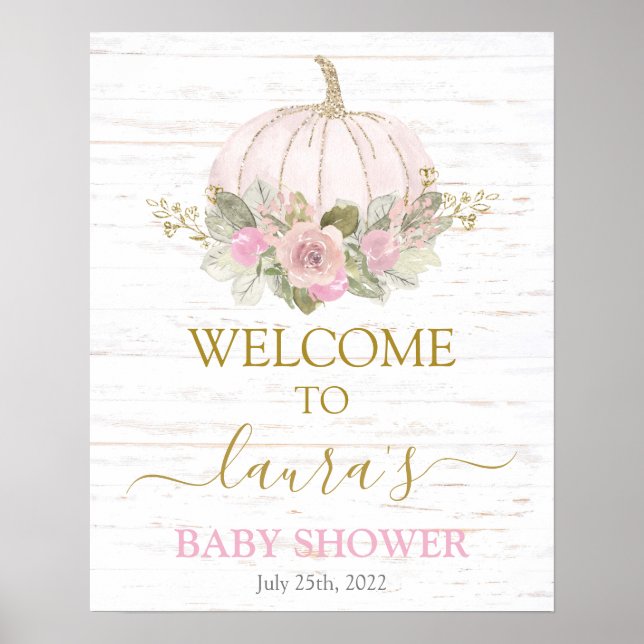 Pink Rustic Pumpkin Baby Shower Welcome sign (Front)