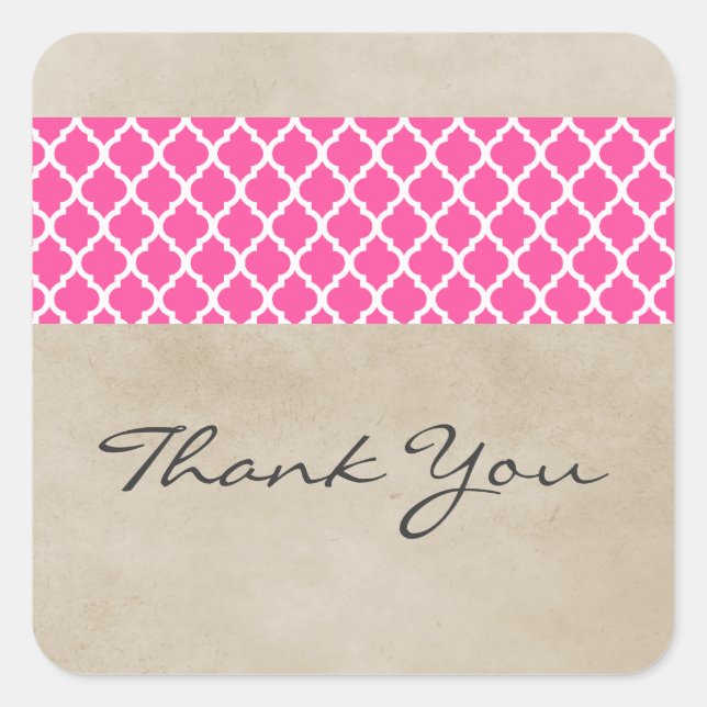 Pink Rustic Quatrefoil Thank You Stickers (Front)