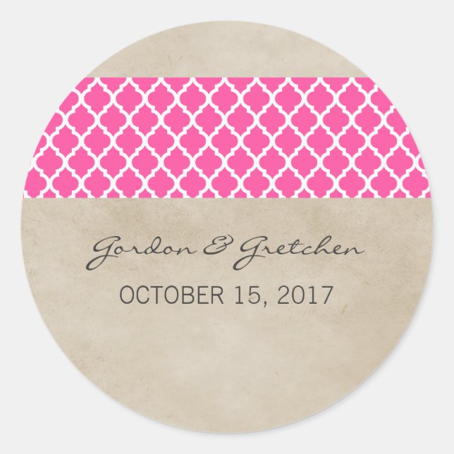 Pink Rustic Quatrefoil Wedding Stickers (Front)