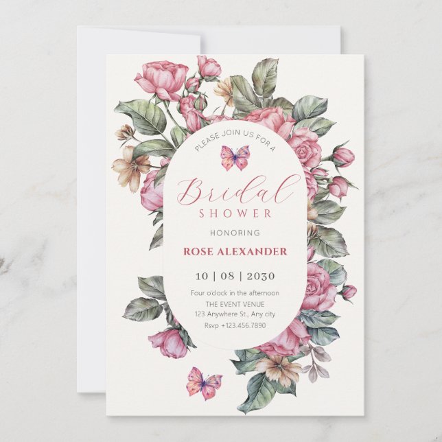 Pink rustic roses floral bridal shower invitation (Front)