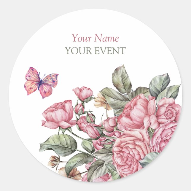 Pink rustic roses floral  classic round sticker (Front)