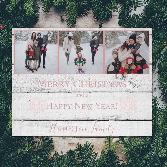 Pink Rustic Snowflakes Flat Holiday Photo Card (Pink Rustic Snowflakes Holiday Photo Card)