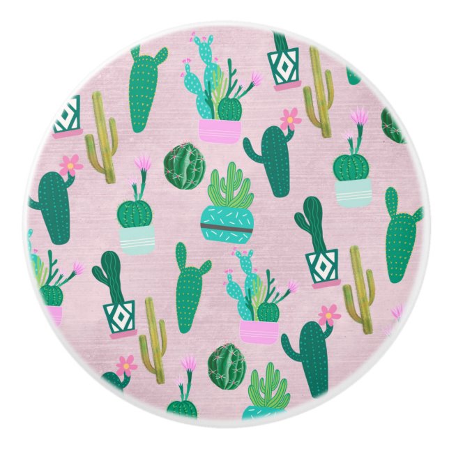Pink Rustic Southwestern Cacti Cactus Plants Ceramic Knob (Front)