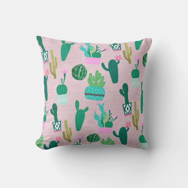 Pink Rustic Southwestern Cacti Cactus Plants Cushion (Front)