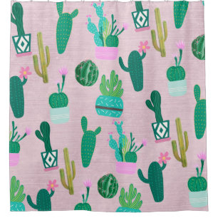 Pink Rustic Southwestern Cacti Cactus Plants Shower Curtain