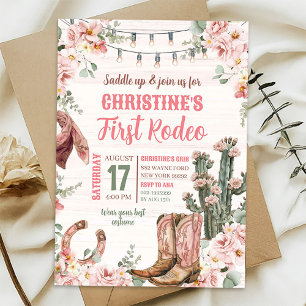 Pink Rustic Western Cactus Cowgirl's First Rodeo Invitation