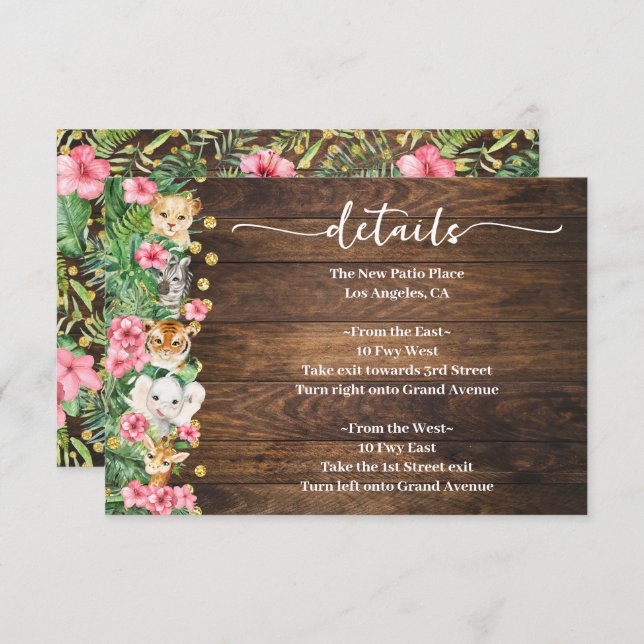 Pink Rustic Wild Safari Animals Baby Shower Detail Enclosure Card (Front/Back)