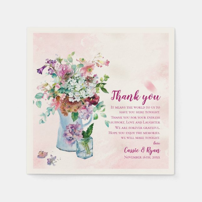 Pink Rustic Wildflower Wedding Thank you Message Napkin (Front)