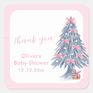 Pink rustic Winter Bow Christmas Tree Baby Shower Square Sticker