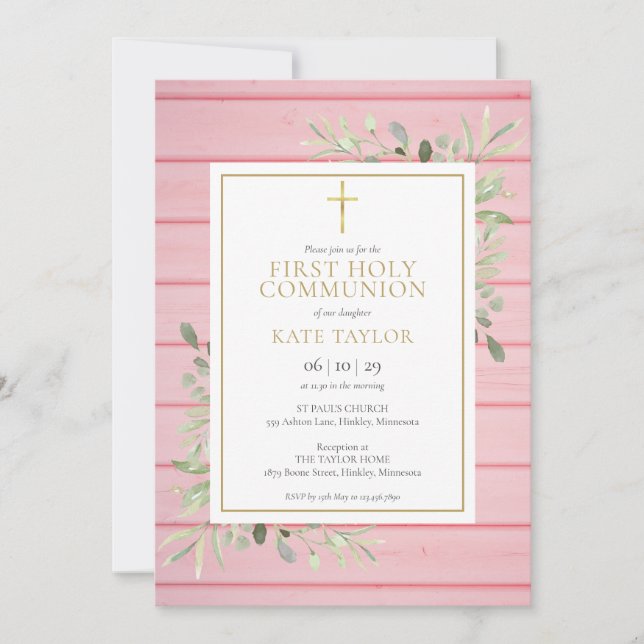 Pink Rustic Wood Greenery First Holy Communion Invitation (Front)