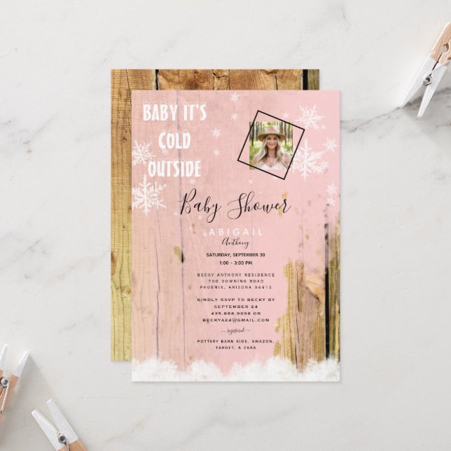 Pink Rustic Wood Photo Baby It's Cold Outside  Invitation (Front/Back In Situ)