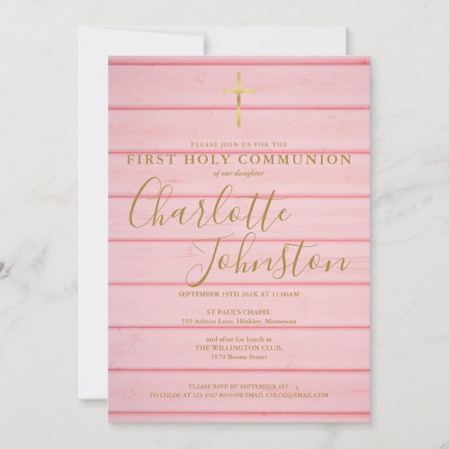 Pink Rustic Wood Script First Holy Communion Invitation (Front)