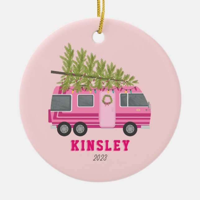 Pink RV Camper Christmas Tree Ceramic Ornament (Front)