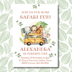Pink Safari Animal Girl Jungle 1st Birthday Party Invitation