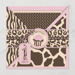 Pink Safari Animal Print & Cupcake First Birthday Invitation