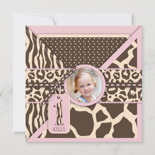 Pink Safari Animal Print First Birthday Invitation (Front)