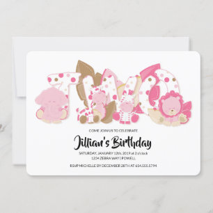 Pink Safari Animals 2nd Birthday Party Invitation