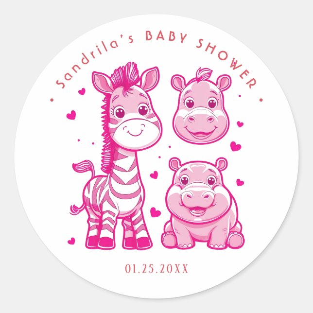 Pink Safari Animals Theme Girl Birthday Party  Classic Round Sticker (Front)
