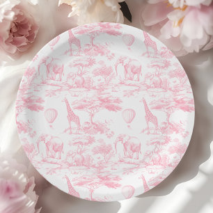 Pink Safari Animals Toile de Jouy Baby shower Paper Plate