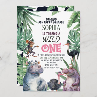 Pink Safari Animals Wild One 1st Birthday Invitation
