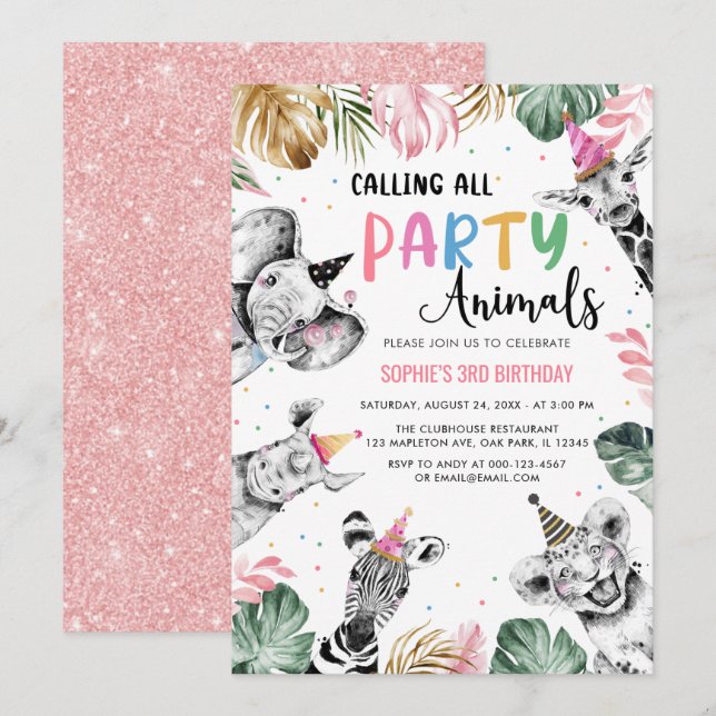 Pink Safari Calling All Party Animals 3rd Birthday Invitation (Front/Back)
