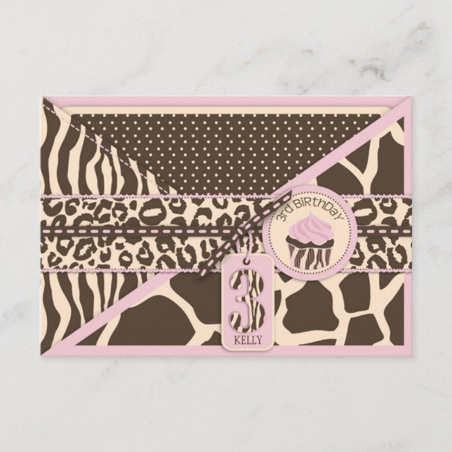 Pink Safari & Cupcake Third Birthday Enclosure Card (Front)