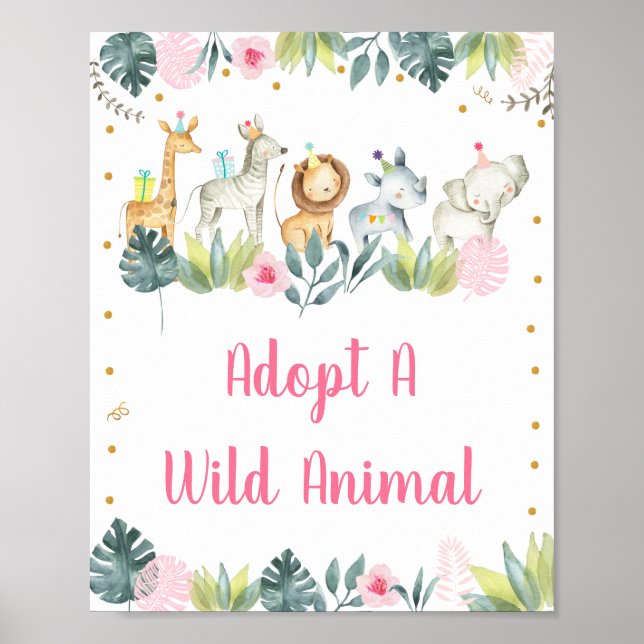 Pink Safari Jungle Adopt An Animal Birthday Poster (Front)