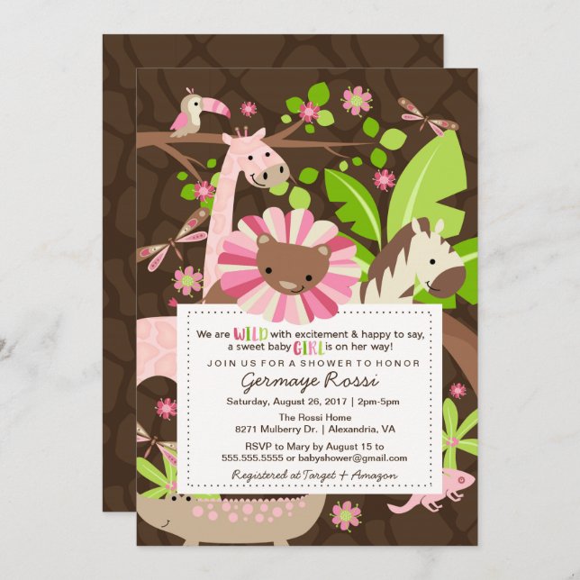 Pink Safari Jungle Baby Girl Shower or Sprinkle Invitation (Front/Back)
