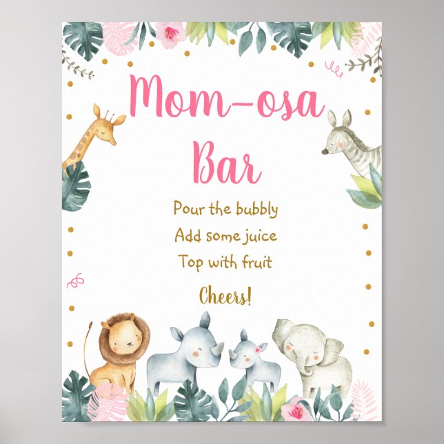 Pink Safari Jungle Baby Shower Mimosa Bar Poster (Front)