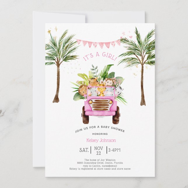 Pink Safari Jungle Palm Trees Girly Baby Shower Invitation (Front)