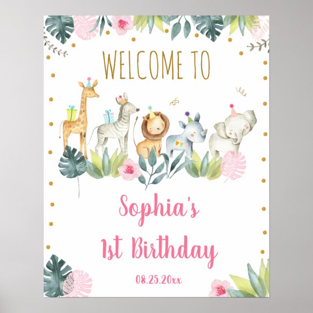 Pink Safari Jungle Party Animals Birthday Welcome Poster (Front)