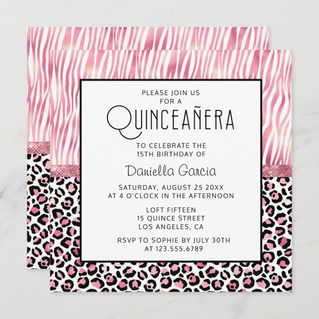 Pink Safari Tiger Leopard Shimmer Quinceañera  Invitation (Front/Back)