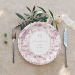 Pink Safari Toile de Jouy | Baby Shower Paper Plate<br><div class="desc">Elevate your baby shower with these exquisite Pink Safari Toile de Jouy paper plates, perfect for celebrating the upcoming arrival in style! Featuring an elegant toile de Jouy design in soft pink, these plates are adorned with whimsical safari animals such as zebras, giraffes, and tropical palms, giving your event a...</div>
