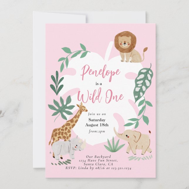 Pink Safari Wild One Girl 1st Birthday Invitation (Front)