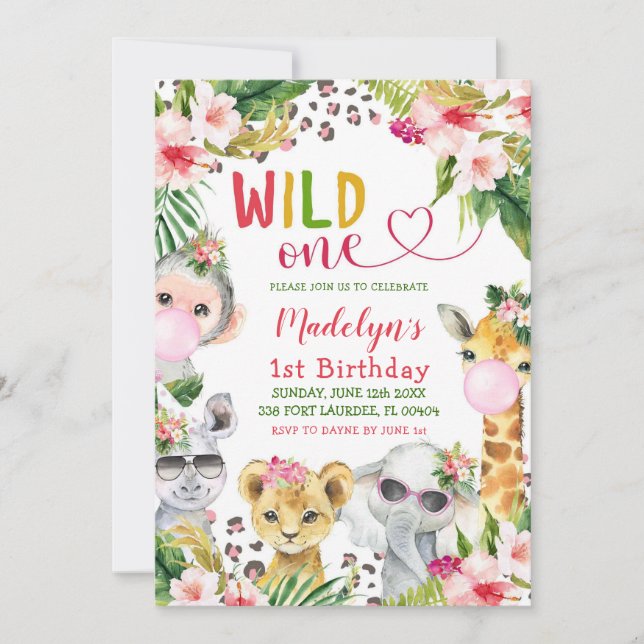 Pink Safari Wild One Girl Birthday Party Invitation (Front)