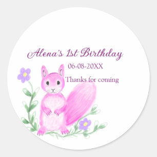 Pink safari Woodland animal birthday add name year Classic Round Sticker