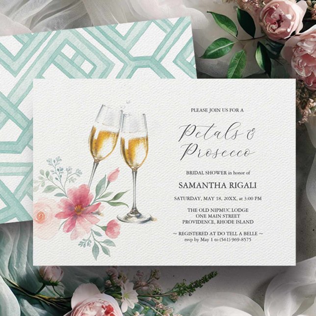 Pink & Sage Blue Petals & Prosecco Bridal Shower Invitation (Bridal shower invitations featuring a watercolor petals and Prosecco design by Do Tell A Belle)