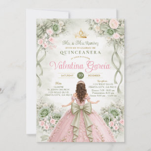 Pink & Sage Bow Ribbon Quinceañera XV Party Invitation