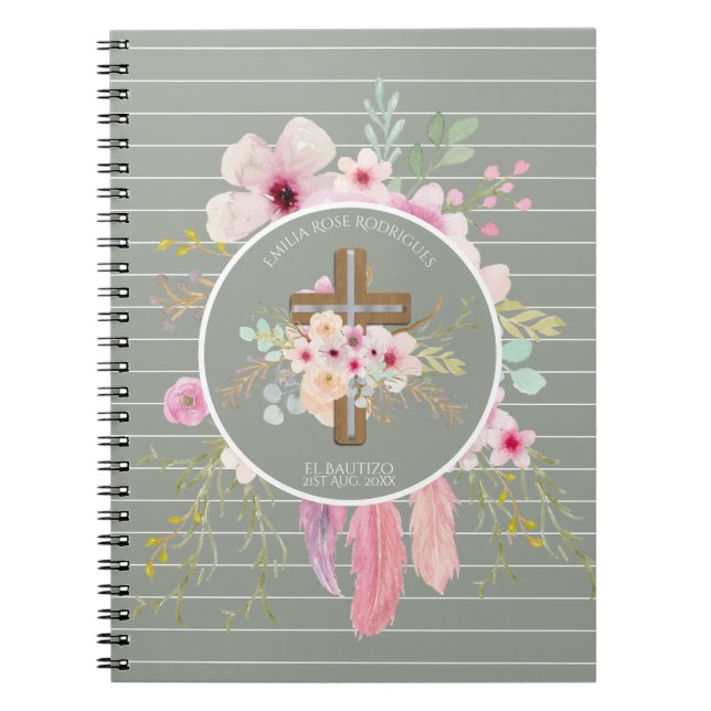 Pink Sage Floral Cross BAUTIZO Baptism Bautismo Notebook (Front)