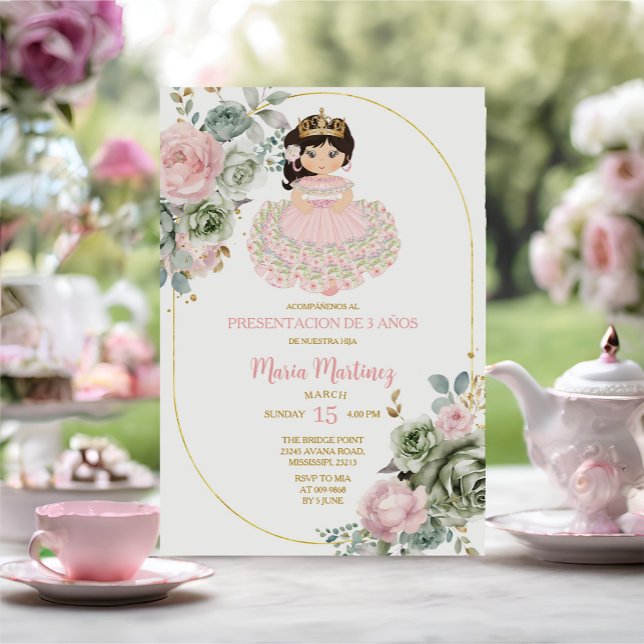 Pink & Sage Flowers Niña Presentación De Tres Años Invitation (Creator Uploaded)