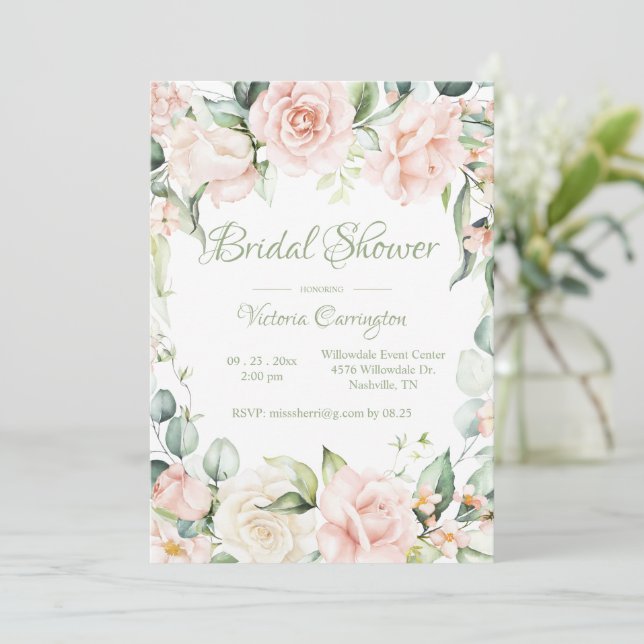 Pink & Sage Green Floral Elegant Bridal Shower Invitation (Standing Front)