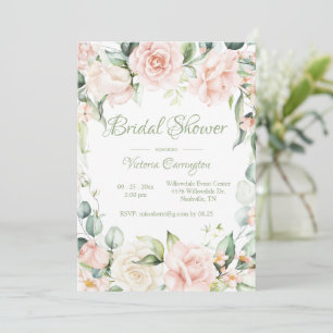 Pink & Sage Green Floral Elegant Bridal Shower Invitation
