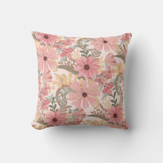 Pink Sage Green Floral Leaves Watercolor Pattern Cushion (Front)