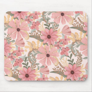Pink Sage Green Floral Leaves Watercolor Pattern Mouse Pad
