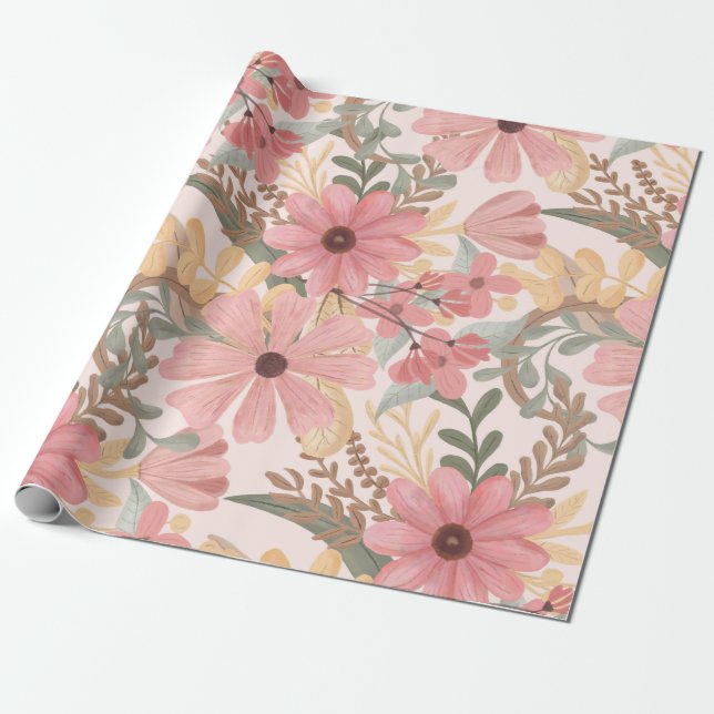 Pink Sage Green Floral Leaves Watercolor Pattern Wrapping Paper (Unrolled)